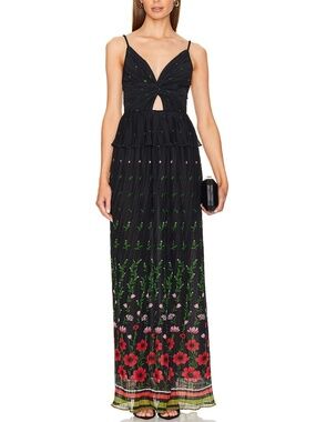 Sabina Musayev Selina Black Floral Pleated Peplum Cutout Maxi Dress - SMALL